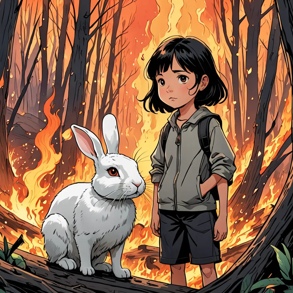 a girl standing next to a white rabbit in a forest with a fire in the background and a forest fire burning behind her, Diego Gisbert Llorens, context art, poster art, comic cover art