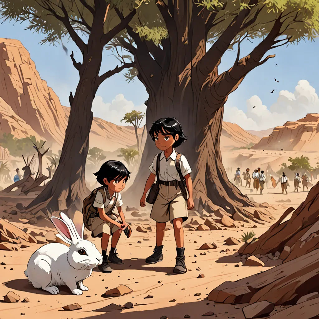 a couple of kids standing next to a white rabbit in a desert area with trees and people in the background, Cliff Childs, primitivism, a storybook illustration, promotional image
