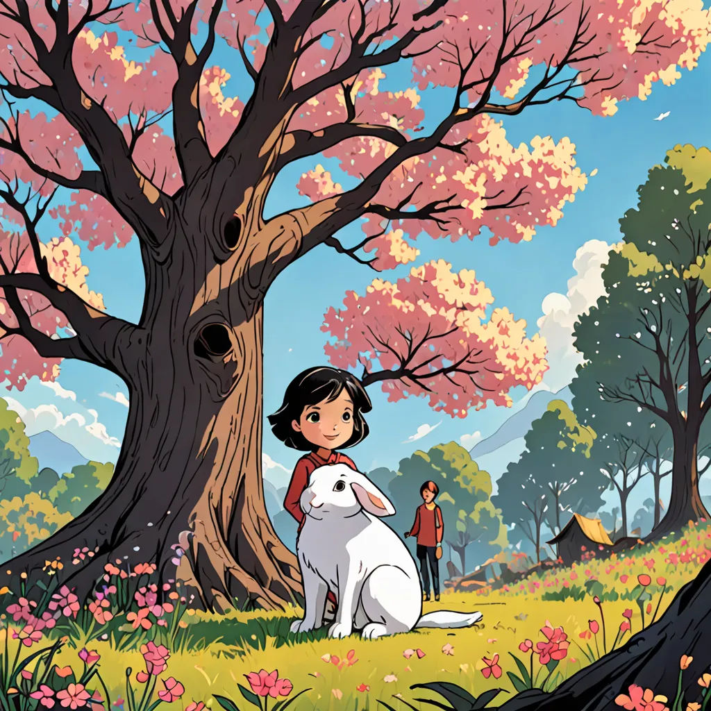 a girl and a dog sitting under a tree in a park with a blossoming tree in the background, Atey Ghailan, magical realism, a storybook illustration, book cover