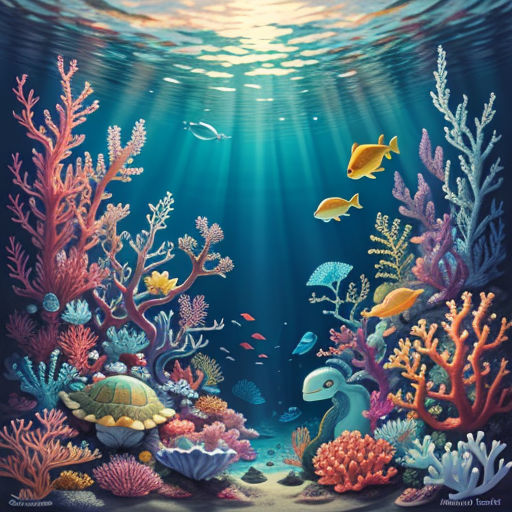 a painting of a sea life scene with fish and corals on a blue background with sunlight coming through the water