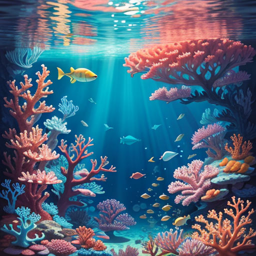 a painting of a coral reef with fish and corals in the water, with sunlight coming through the water