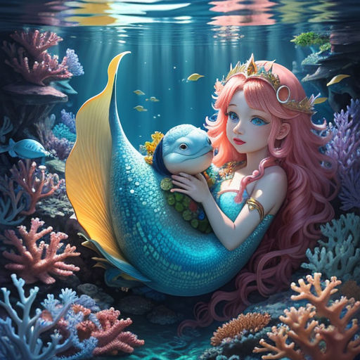 a mermaid holding a dolphin in the ocean with corals and other corals around it, and a fish swimming in the water