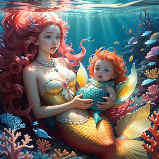 a mermaid holding a baby under the water with corals and other sea life around it, with a fish in her hand