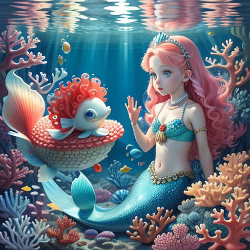 a mermaid with a fish in her hand and a fish in her hand in the water, with corals and other sea life around her