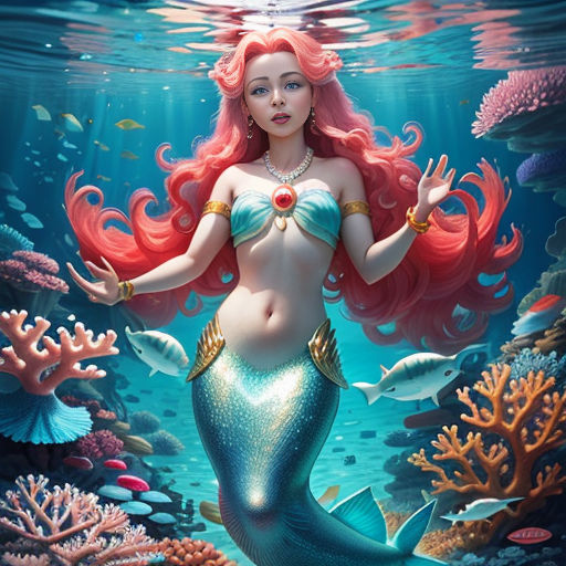 a mermaid with pink hair and a red tail standing in the water with corals and other fish around her