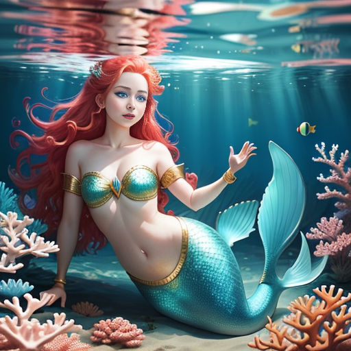 a mermaid with red hair and a blue tail sitting on the ocean floor with corals and corals