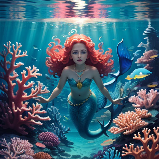 a mermaid with red hair and a necklace is swimming in the ocean with corals and other marine life