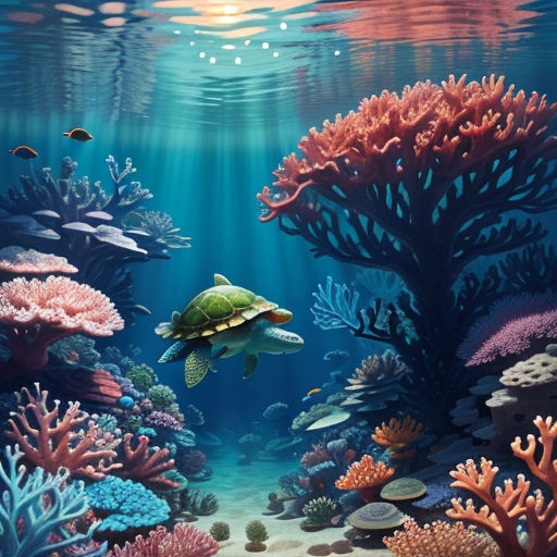 a painting of a turtle swimming in the ocean with corals and other marine life around it photo by steve ball