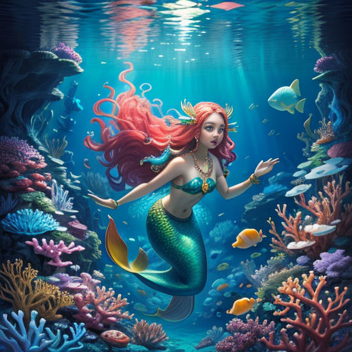 a mermaid with red hair and a green tail swimming in the ocean with corals and other fish around her