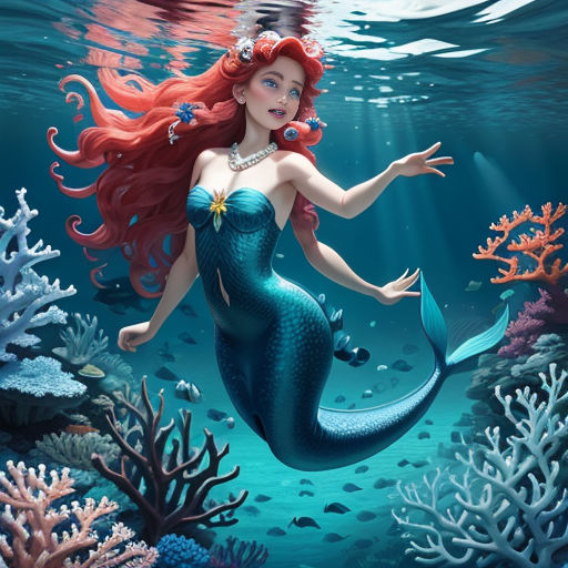 a mermaid with red hair and a pearl necklace swimming in the ocean with corals and corals around her
