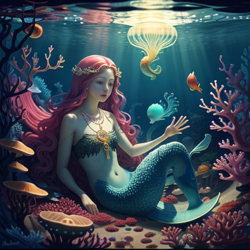 a mermaid sitting on the bottom of a underwater bed with a jelly fish in her hand and a jelly fish in her hand