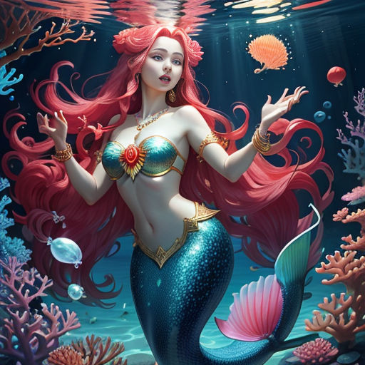 a mermaid with red hair and a blue bikini is standing in the water with her hands out to the side