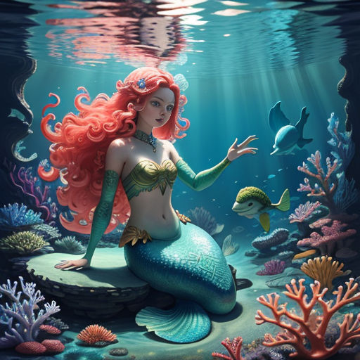 a mermaid sitting on a rock under water with a fish in her hand and a fish in her hand