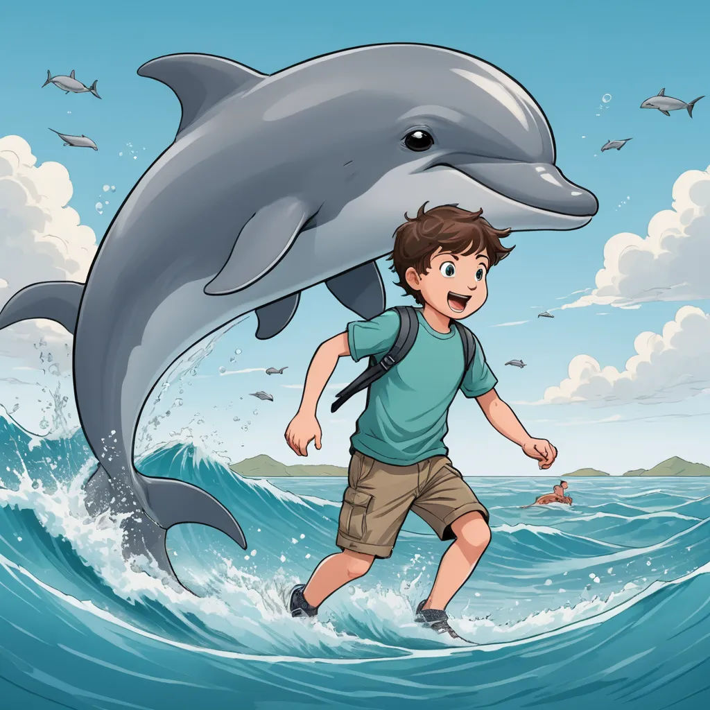 a boy is running in the ocean with a dolphin on his back and a fish in his hand behind him, pop surrealism, a storybook illustration, Cyril Rolando, storybook illustration