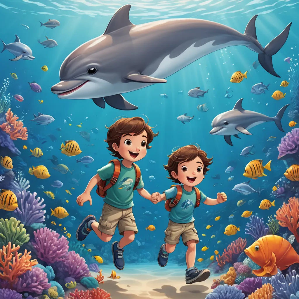 a boy and a girl are under the sea with dolphins and fish illustration for children book illustration for children, pop surrealism, a storybook illustration, Diego Gisbert Llorens, highly detailed digital painting