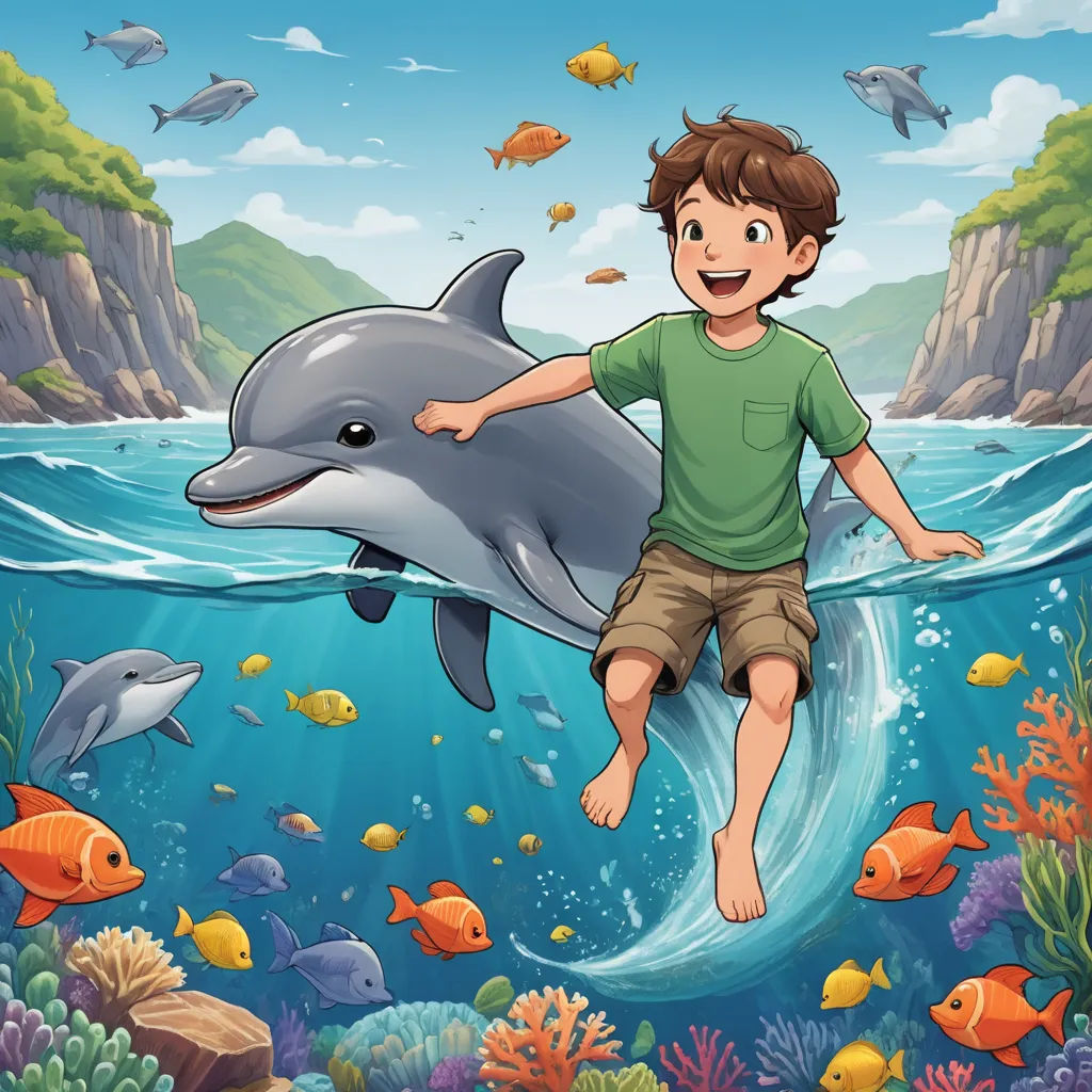 a boy riding a dolphin in the ocean with fish around him illustration by alex krapfke for the children's book, the little mermaid, lyco art, a storybook illustration, Cyril Rolando, storybook illustration