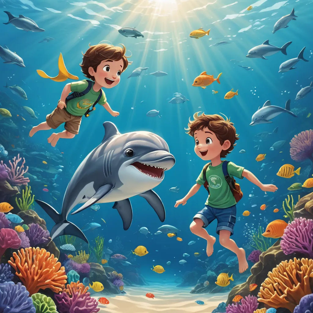 a boy and a boy are swimming with a shark in the ocean with a shark in the background and a shark in the foreground, fantasy art, a storybook illustration, Diego Gisbert Llorens, storybook illustration