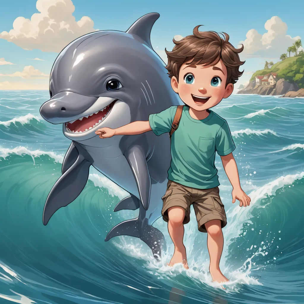 a boy is standing on a surfboard with a dolphin in the ocean behind him illustration by alex martin, pop surrealism, a storybook illustration, Cyril Rolando, storybook illustration
