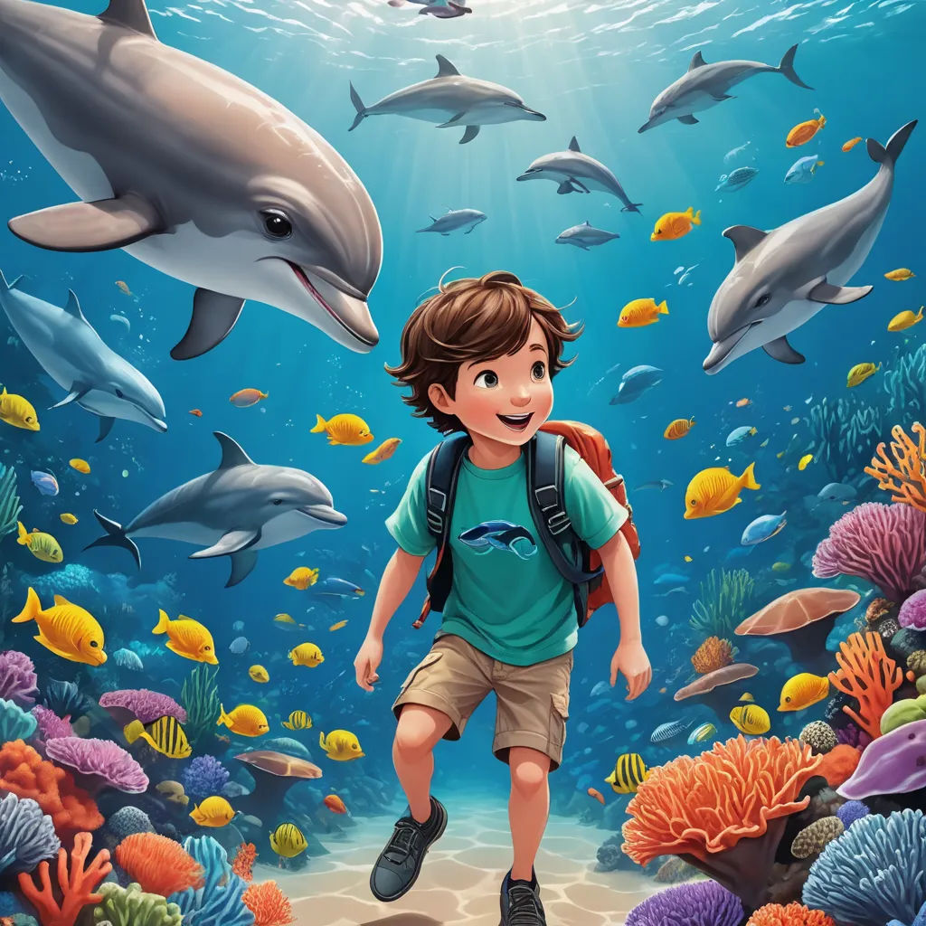 a boy is standing in the ocean with dolphins and other animals around him and looking at the camera with a smile, fantasy art, a storybook illustration, Cliff Childs, highly detailed digital painting