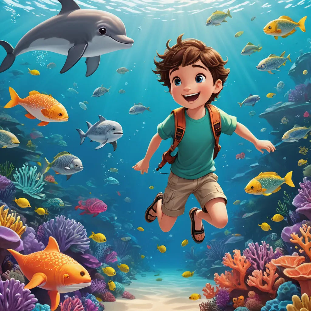 a boy is swimming in the ocean with a dolphin and fish around him illustration for children book illustration illustration, fantasy art, a storybook illustration, Cliff Childs, promotional image