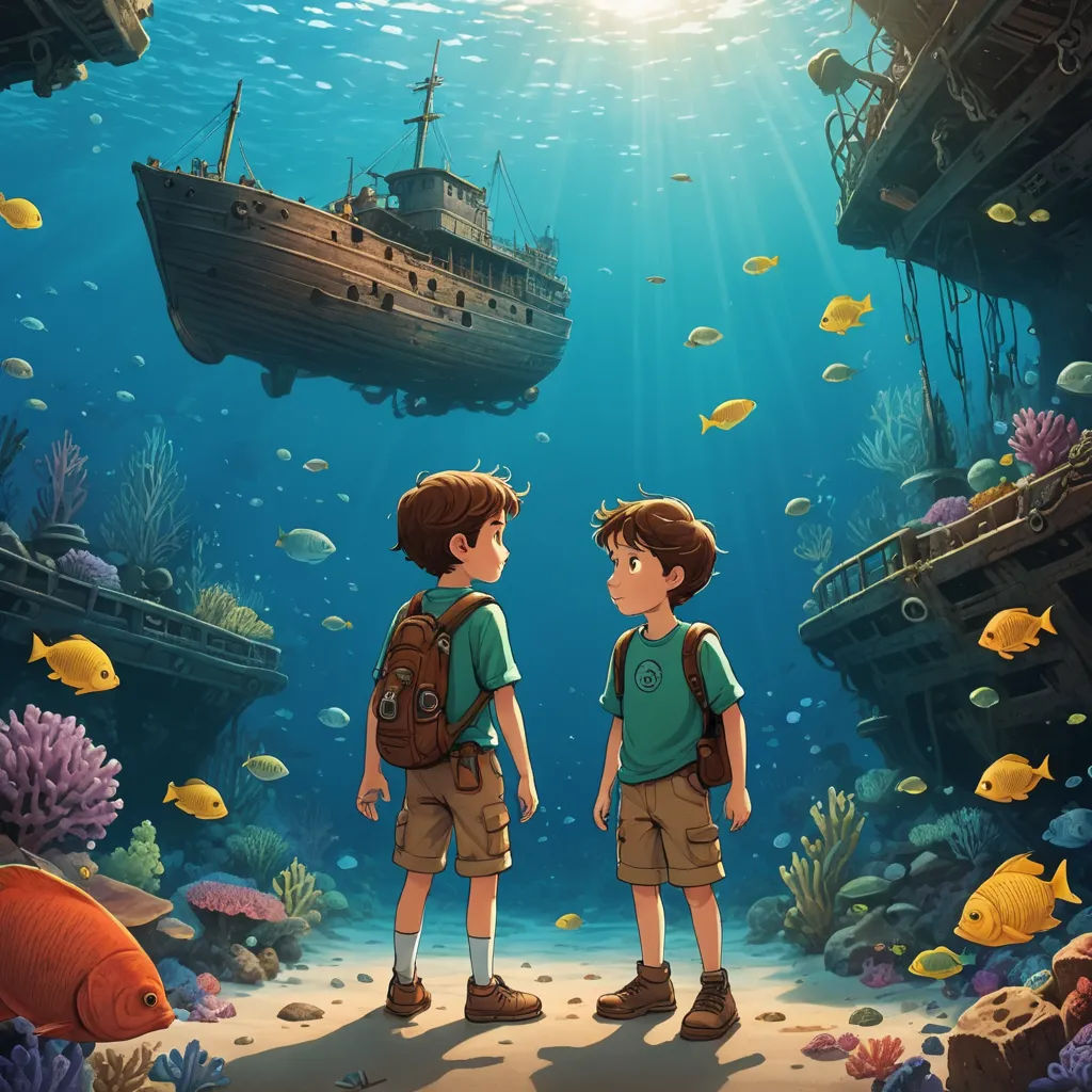 two boys standing in front of a ship in the ocean with fish around them and a fish tank in the background, fantasy art, a storybook illustration, Diego Gisbert Llorens, rossdraws global illumination