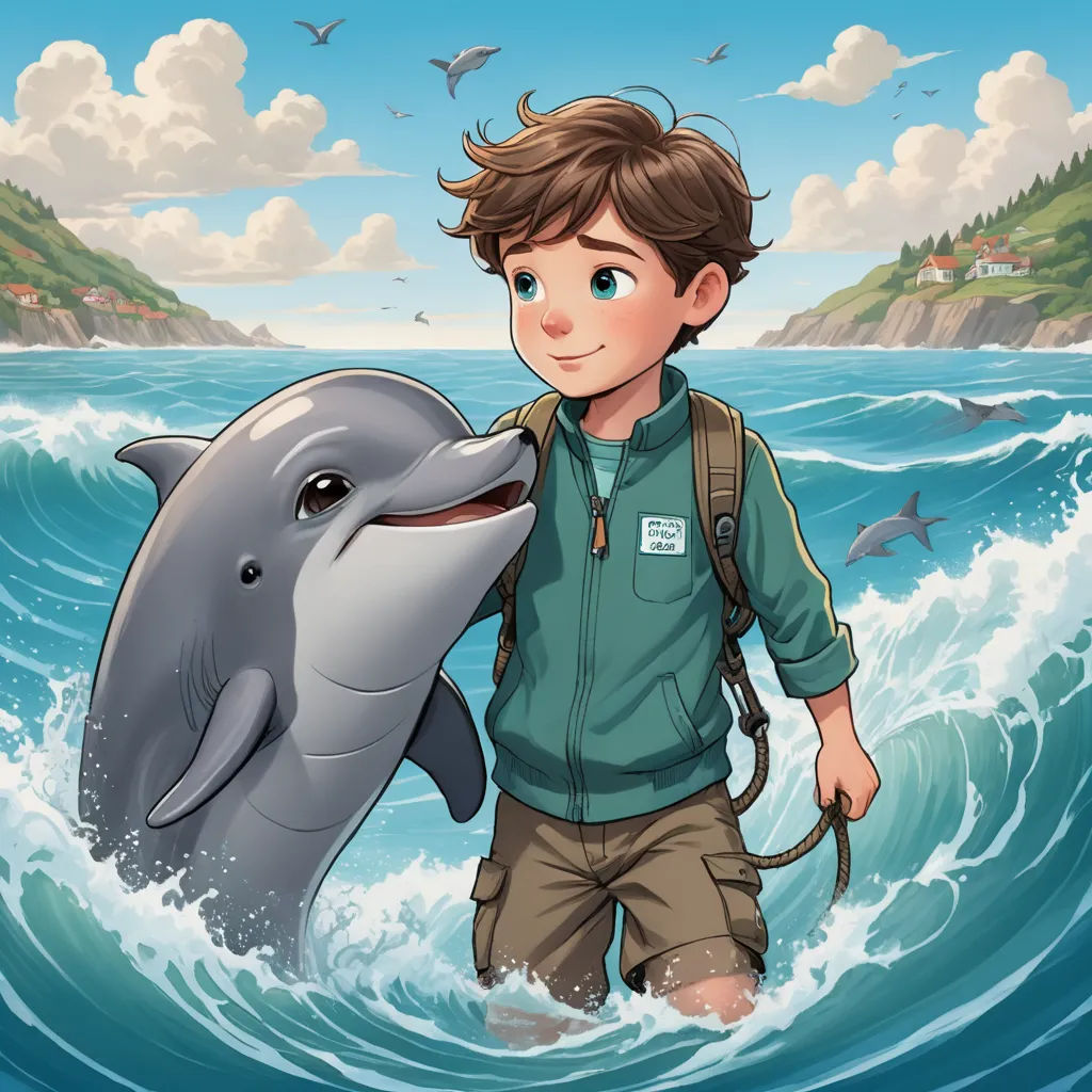 a boy is holding a dolphin in the ocean with a dolphin behind him and a bird flying above him, magical realism, a storybook illustration, Cliff Childs, storybook illustration