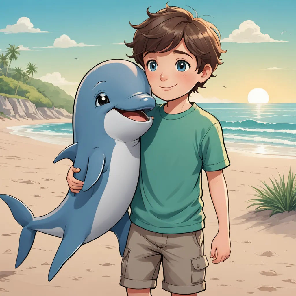 a boy holding a dolphin on a beach near the ocean with a sunset in the background and a palm tree, lyco art, a storybook illustration, Diego Gisbert Llorens, key art
