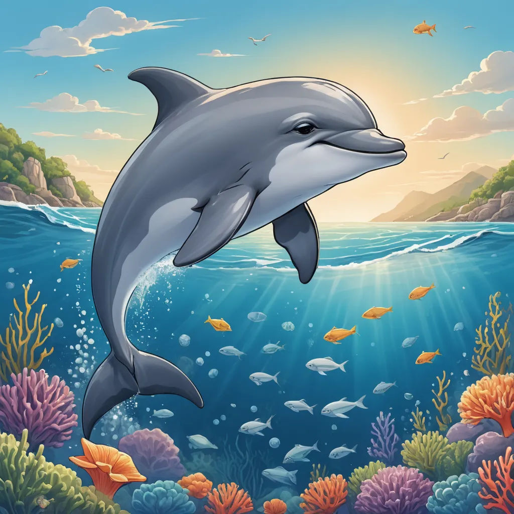 a dolphin swimming in the ocean with a lot of fish around it and a sun shining above it and a fish swimming in the water, pop surrealism, an airbrush painting, Daphne McClure, highly detailed digital painting