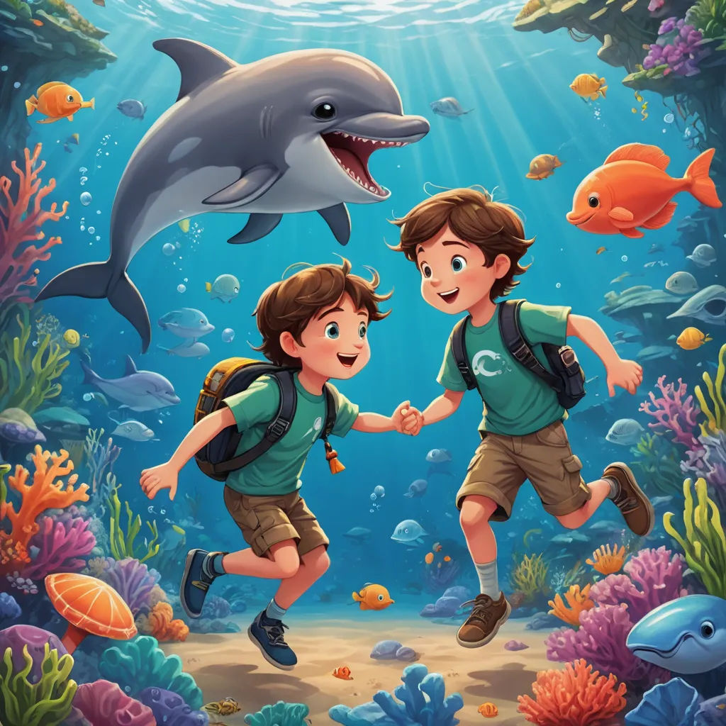two boys are running under the water with a dolphin and fish in the background illustration for children's book illustration, pop surrealism, a storybook illustration, Diego Gisbert Llorens, storybook illustration