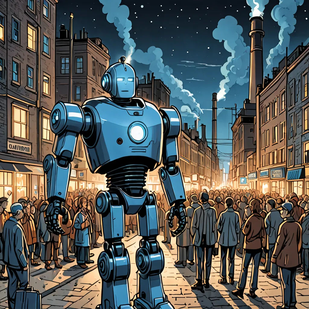 a robot standing in front of a crowd of people on a street at night with a sky background and a factory, les automatistes, a comic book panel, Dan Mumford, laurie greasley