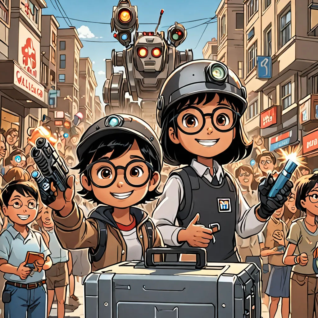 a cartoon of a boy and girl holding guns in front of a crowd of people in a city street, process art, poster art, Asaf Hanuka, comic cover art
