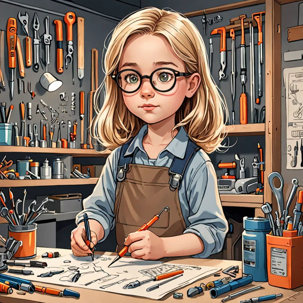 a cartoon girl is working on a project in a workshop with tools and tools on the shelves behind her, computer art, computer graphics, Artgerm, trending on art station