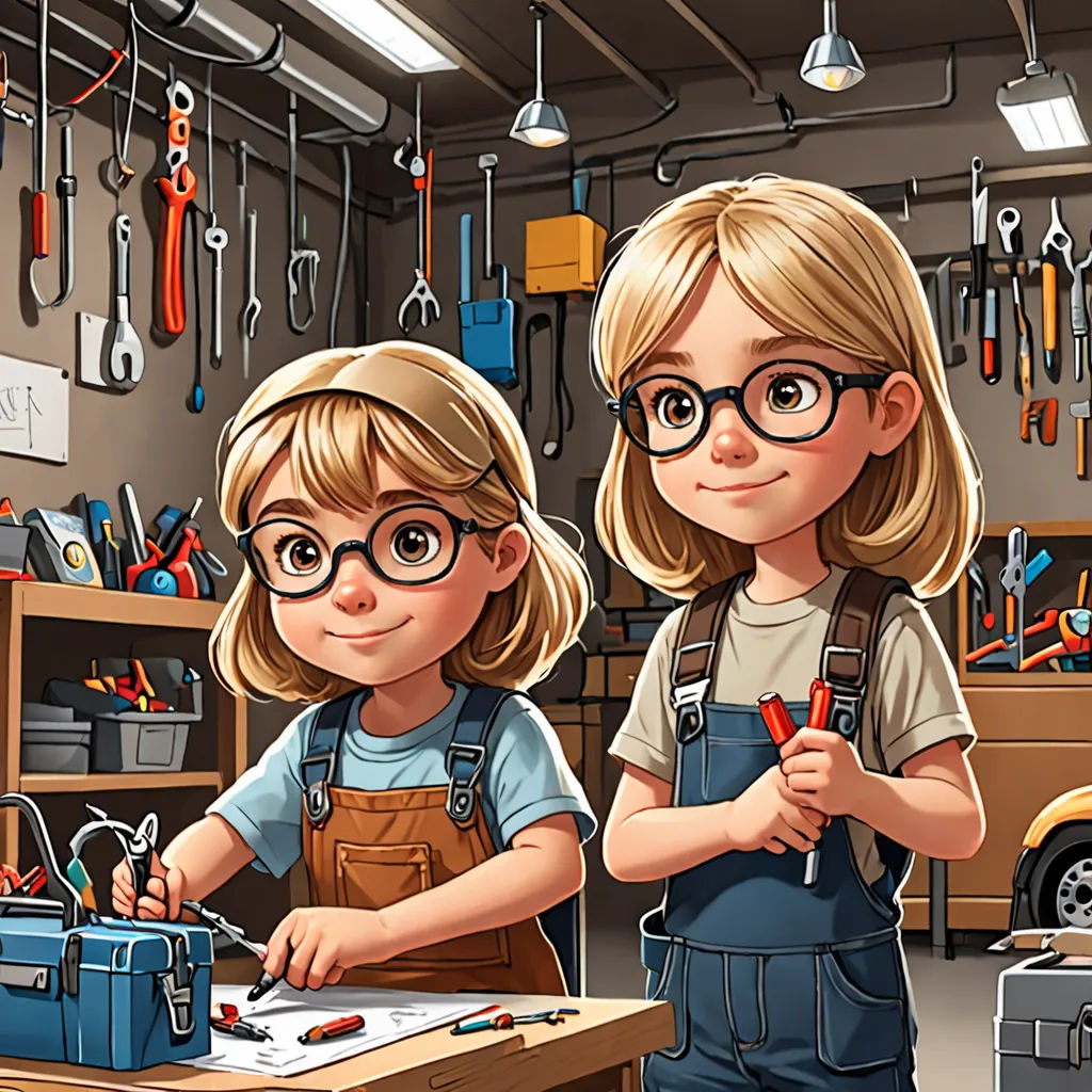 two children are working in a garage with tools on the table and a car in the background, and a man is standing behind them, les automatistes, a storybook illustration, Brothers Hildebrandt, trending on art station