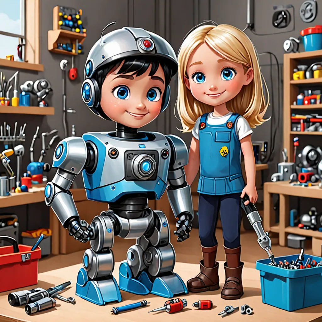 a cartoon of a boy and a girl in a work room with tools and tools on the table and a robot on the table, les automatistes, a computer rendering, Doug Ohlson, promotional image