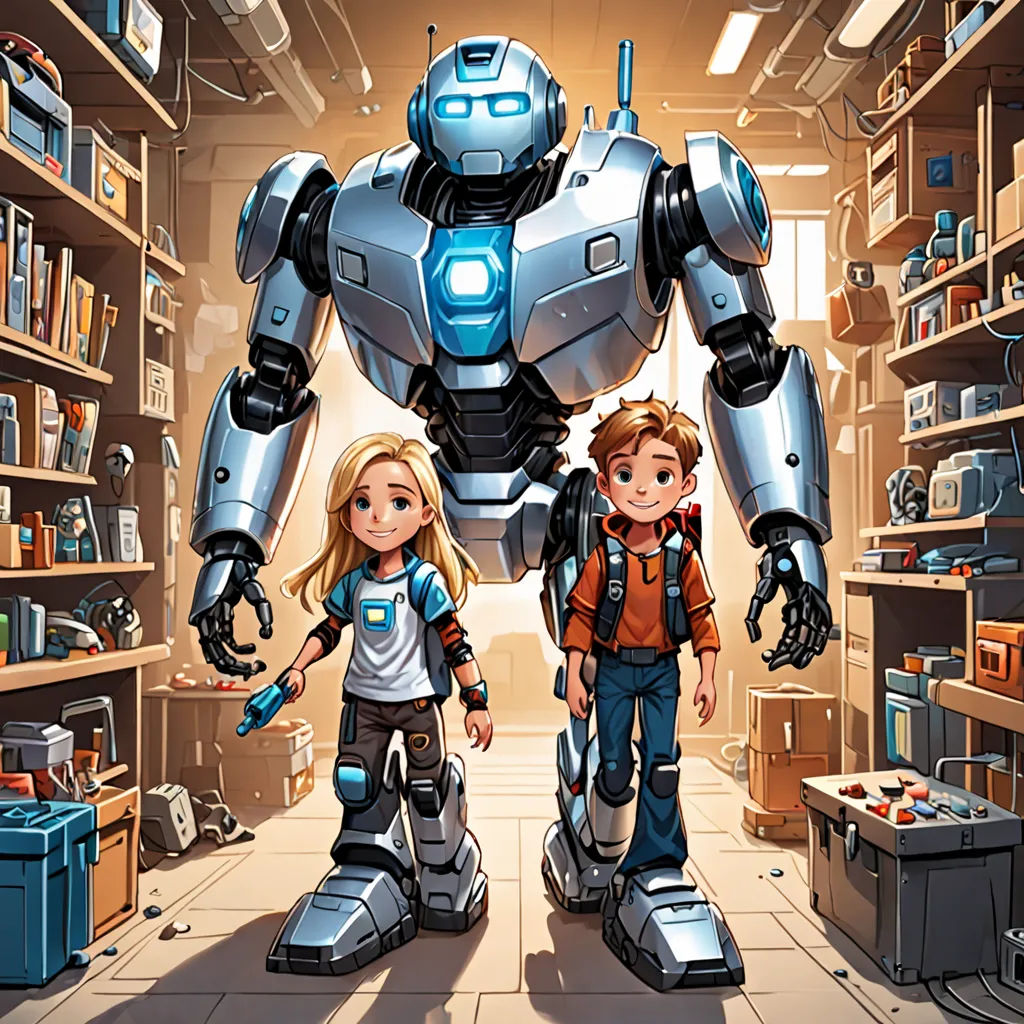 a couple of kids standing next to a giant robot in a room filled with shelves of books and other items, les automatistes, concept art, Diego Gisbert Llorens, rossdraws global illumination
