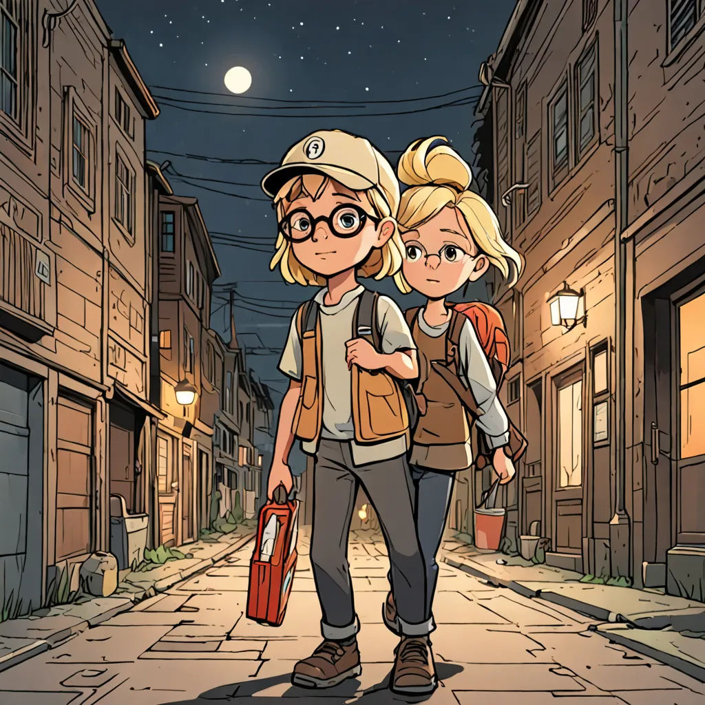 a couple of people walking down a street at night with a sky background and a full moon in the sky, serial art, a comic book panel, Akira Toriyama, official art