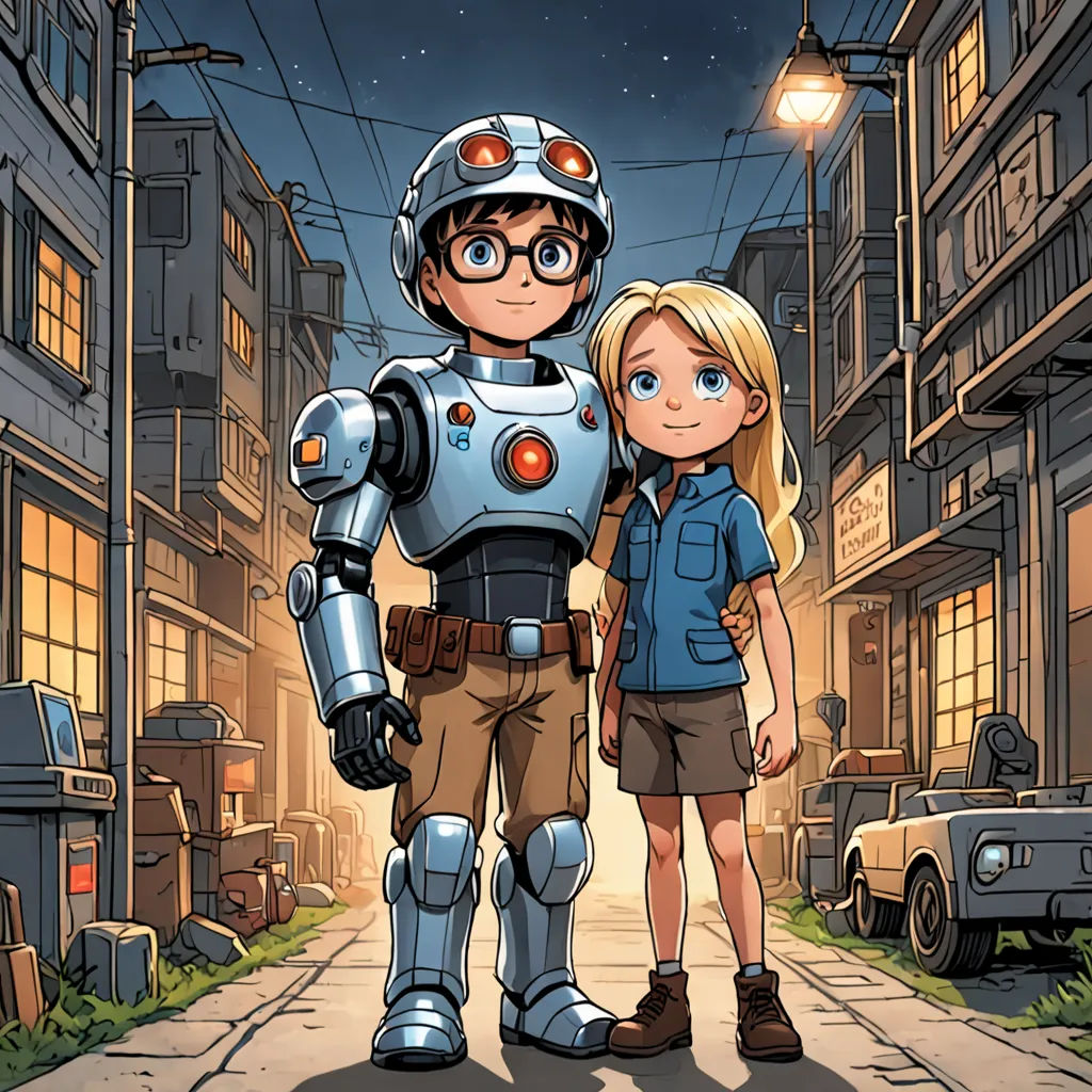a couple of people standing next to each other on a street at night with a robot in the background, retrofuturism, a storybook illustration, Akira Toriyama, comic cover art