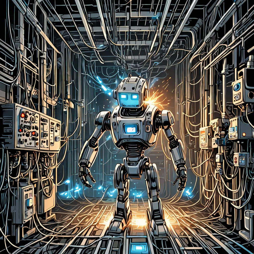 a robot is standing in a room with many wires and wires all around it and a light shining on the floor, computer art, cyberpunk art, Dan Mumford, laurie greasley