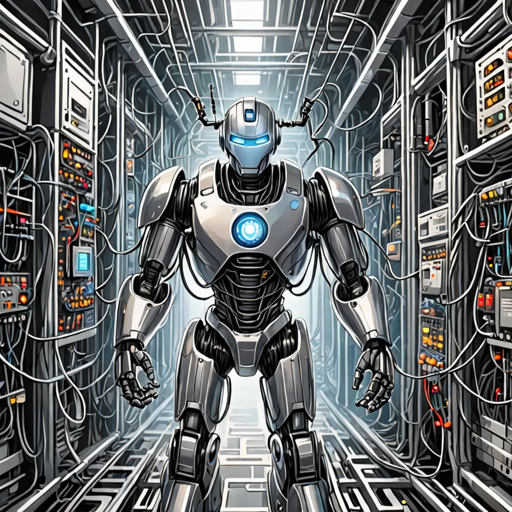 a robot is standing in a room with many wires and wires on the walls and a light on the floor, computer art, a computer rendering, Dan Mumford, cybernetic