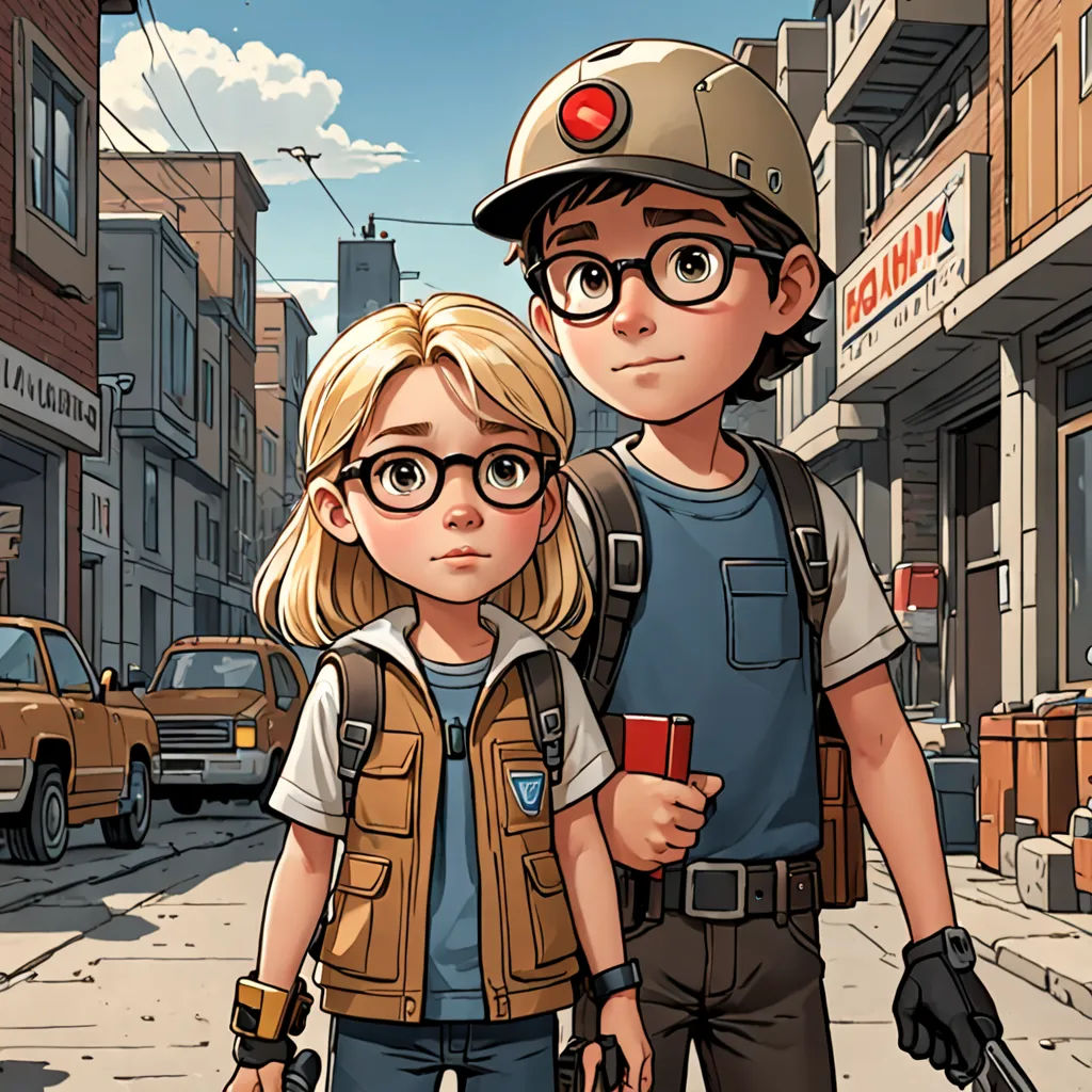 a boy and a girl are walking down the street together, with a red light on their head and a backpack on their shoulders, serial art, a storybook illustration, Cedric Seaut (Keos Masons), 2 d game art