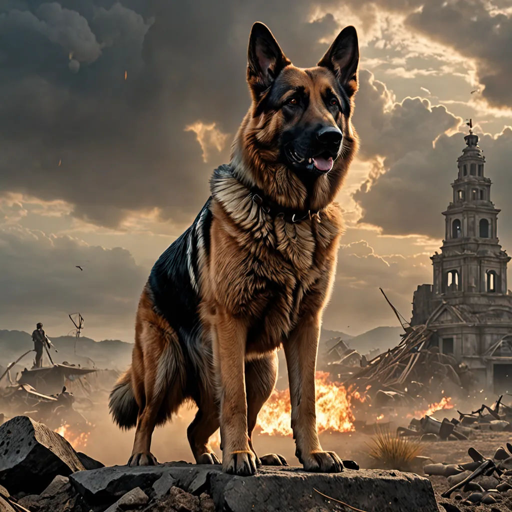 a german shepard dog standing on a rock in front of a destroyed building with a man in the background, furry art, a detailed matte painting, Artur Tarnowski, weta digital
