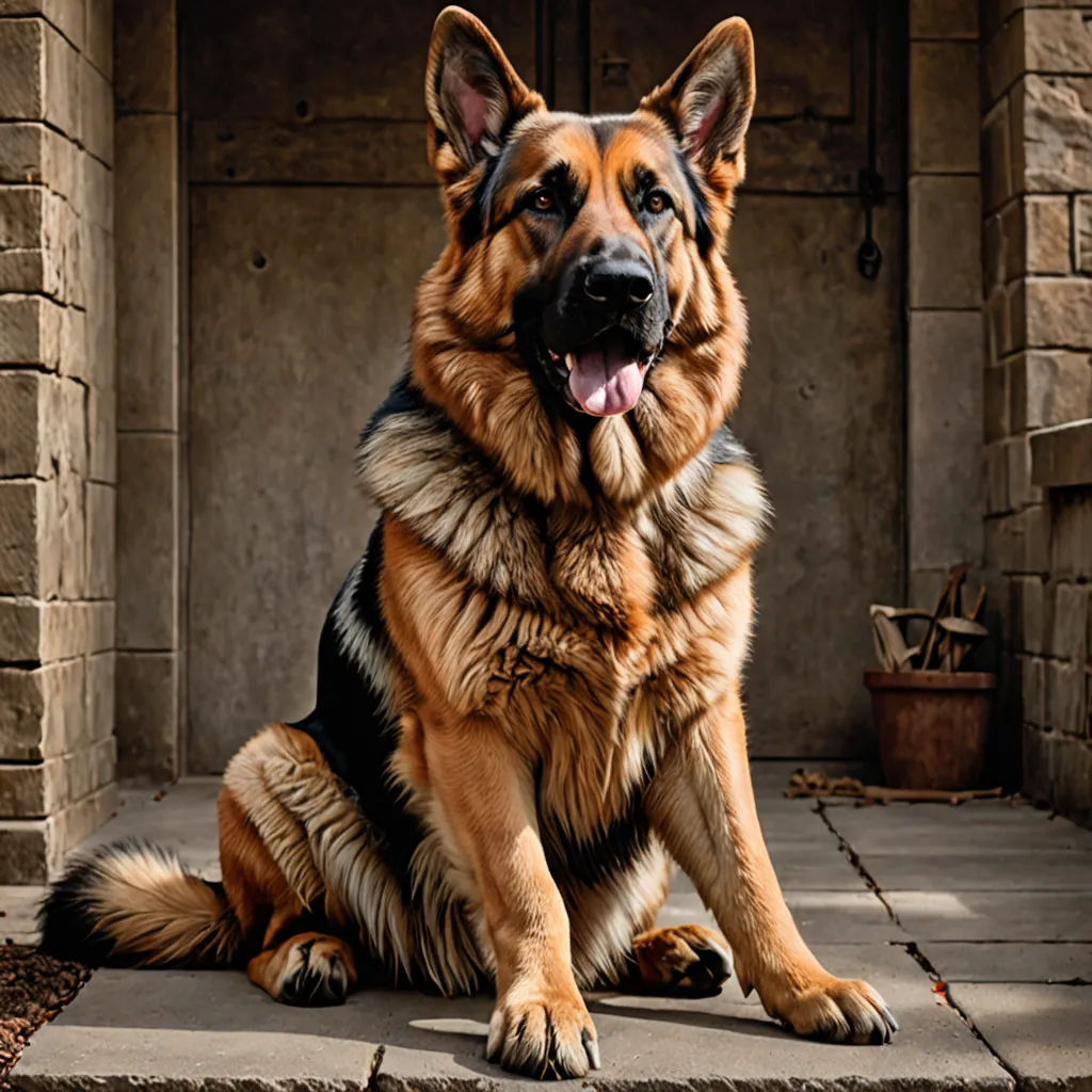 a large dog sitting on a stone step outside a building with a door and a brick wall behind it, photorealism, a digital rendering, Andor Basch, animal photography