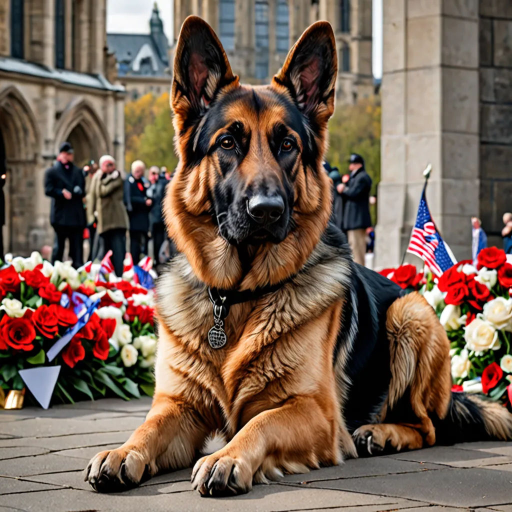 a german shepard dog laying in front of a memorial with flowers and flags in the background and people standing around, symbolism, a statue, Elke Vogelsang, award-winning photograph