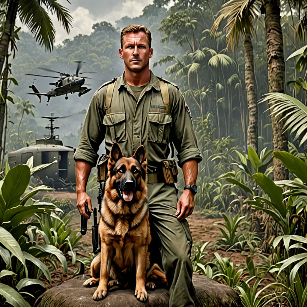 a man in uniform with a dog in a jungle setting with a helicopter in the background and a helicopter in the sky, sumatraism, a matte painting, Derold Page, promotional image