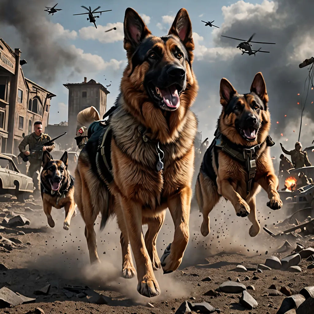 a group of dogs running through a dirt field next to a helicopter and a building with a helicopter in the background, furry art, a detailed matte painting, Boleslaw Cybis, cinematic photography