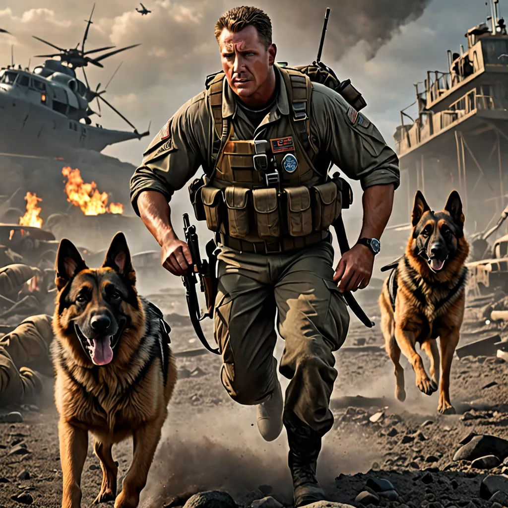 a man in military gear running with two dogs in front of a helicopter and a helicopter in the background, photorealism, a detailed matte painting, Doug Ohlson, weta digital