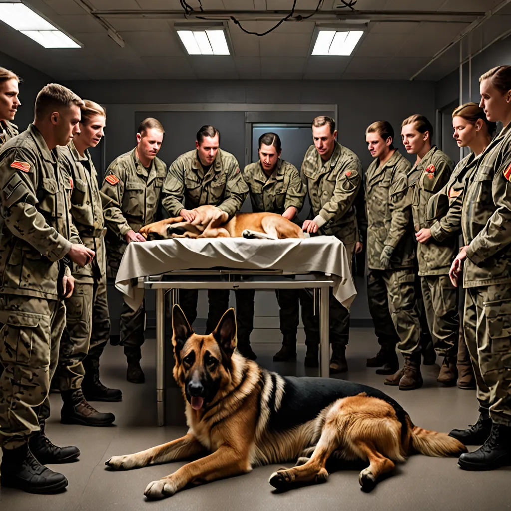 a group of soldiers standing around a table with a dog laying on it's side and a group of men standing around, american realism, a stock photo, Elke Vogelsang, award-winning photograph