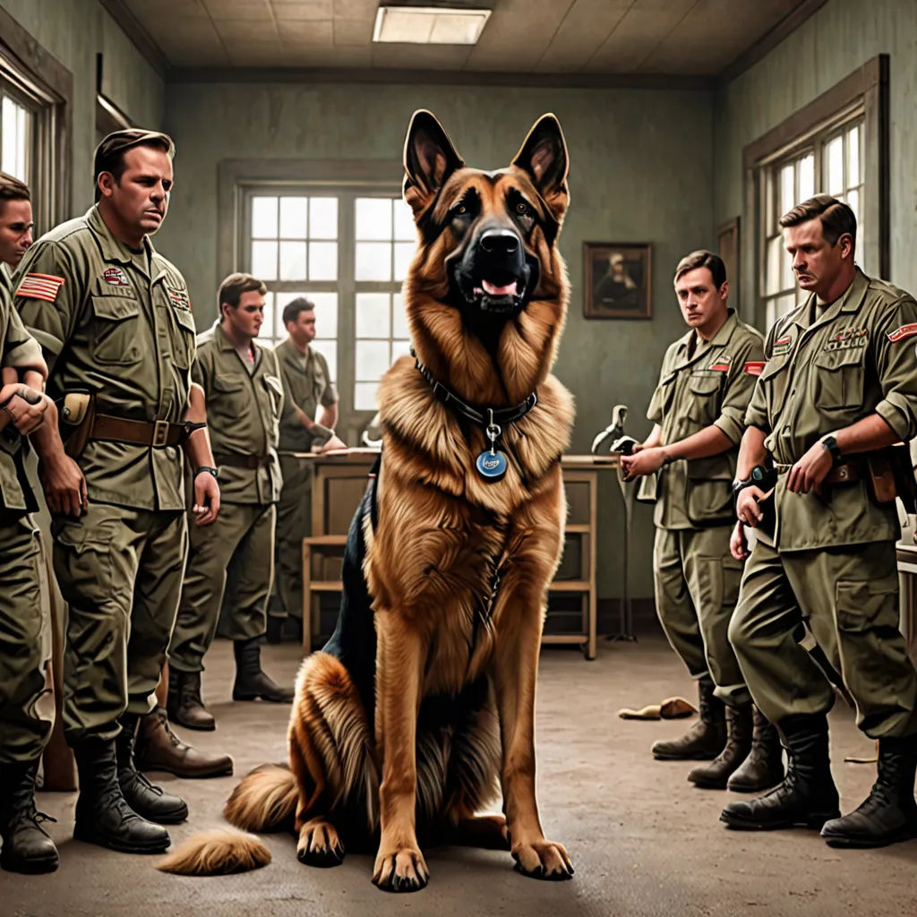 a german shepard dog sitting in front of a group of soldiers in a classroom with a teacher in the background, serial art, a detailed matte painting, Elke Vogelsang, promotional image