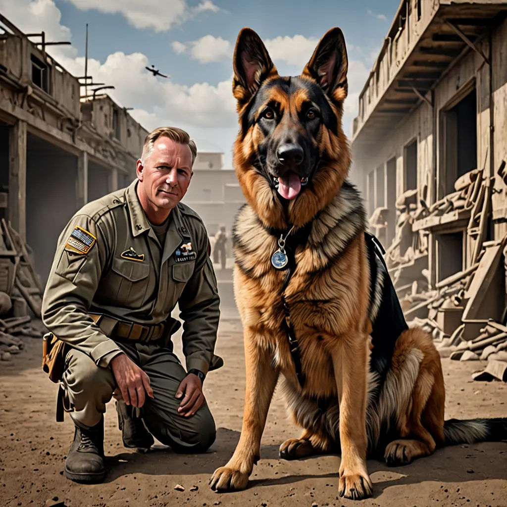 a man kneeling down next to a dog in a military uniform on a dirt ground with a building in the background, photorealism, a detailed matte painting, Donald Sherwood, promotional image