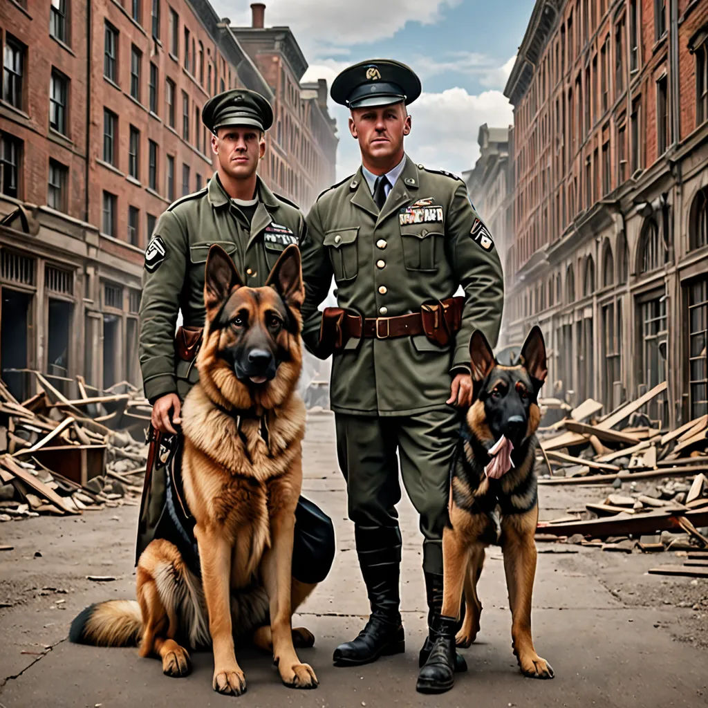 two men in military uniforms standing next to a dog on a street with buildings in the background and rubble strewn across the street, fantastic realism, a detailed matte painting, Annie Leibovitz, promotional image
